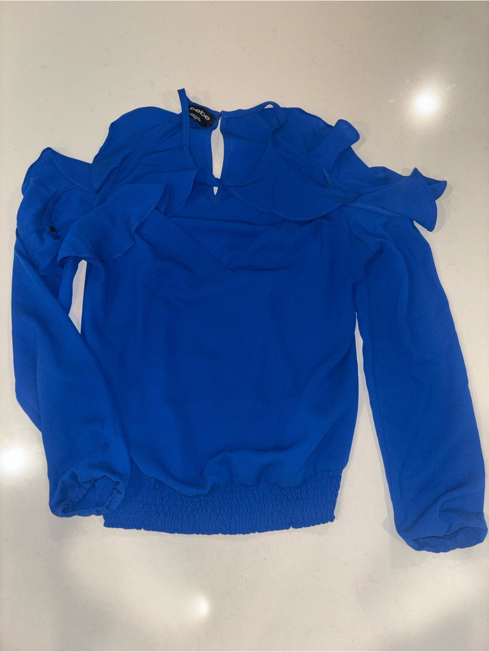 bebe Bright Blue Ruffle Off-Shoulder Long Sleeve Top